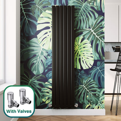 ELEGANT Modern Black Flat Panel Central Heating Radiator 1800 x 408mm Vertical Double Panel Rads + Chrome Angled Radiator Valves (1/5)