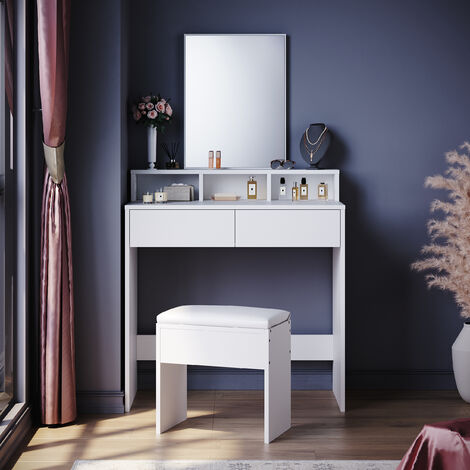 ELEGANT Modern Dressing Table Makeup Vanity Table with Brightness Mirror, 2 Drawers and Open shelves for Bedroom, Dresser Set with Stool