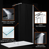 ELEGANT 1100mm Frameless Wet Room Shower Screen Panel 8mm Easy Clean Glass Walk in Shower Enclosure with Support Bar