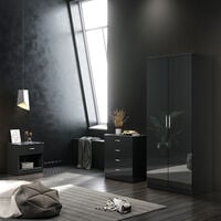 ELEGANT Black/Walnut Modern High Gloss Wardrobe and Cabinet Furniture Set Bedroom 2 Doors Wardrobe with Mirror and 4 Drawer Chest and Bedside Cabinet