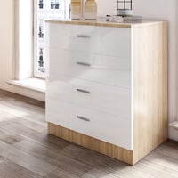 ELEGANT Designs Chest of Drawer High Gloss Bedroom Furniture 4 Drawers with Metal Handles Bedside Cabinet Storage NightStand White/Oak