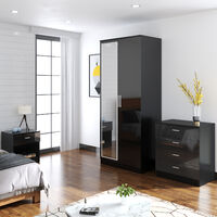 ELEGANT Modern High Gloss Wardrobe and Cabinet Furniture Set Bedroom 2 Doors Wardrobe with Mirror and 4 Drawer Chest and Bedside Cabinet, Black