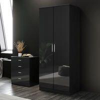ELEGANT Wardrobe 2 Doors High Gloss Bedroom Storage Furniture with Shelf and Hanging Rail, Black