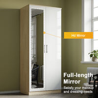 ELEGANT Wardrobe Set High Gloss 3 Piece Bedroom Storage Furniture Include 2 Soft Close Doors Wardrobe and 4 Drawer Chest and Bedside Cabinet. White/Oak with Mirror