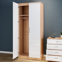 ELEGANT White/Oak Modern High Gloss Soft Close 2 Doors Wardrobe with Metal Handles Includes a removable hanging rod and storage shelves