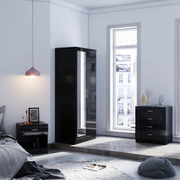 ELEGANT Modern Wardrobe and Cabinet Furniture Set Bedroom 2 Doors Wardrobe with Mirror and 4 Drawer Chest and Bedside Cabinet. Black
