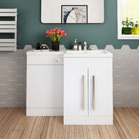 ELEGANT 1100 Bathroom Vanity Units with Basin L Shape Right Hand High Gloss White Vanity Sink Units + Vitreous Resin Basin + Concealed Cisterm, Ensuit Furniture Under Sink Cabinet