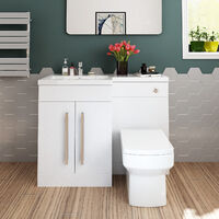 ELEGANT 1100mm L Shape Bathroom Vanity Sink Unit Furniture Storage,Left Hand High Gloss White Vanity unit + Basin + Ceramic Square Toilet with Concealed Cistern