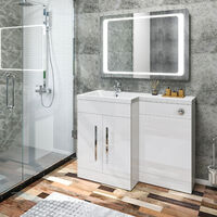 ELEGANT 1100 Bathroom Vanity Unit with Basin L Shape High Gloss White Vanity Sink Units Left Hand + Vitreous Resin Basin + Concealed Cisterm, Ensuit Furniture Under Sink Cabinet