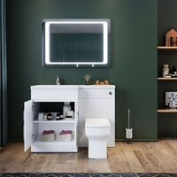 ELEGANT 1100mm L Shape Left Hand Bathroom Vanity Sink Unit, High Gloss White Vanity Unit Furniture Storage+ Basin + Ceramic Square Toilet with Concealed Cistern