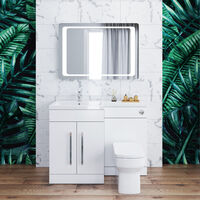 ELEGANT 1100mm L Shape Bathroom Vanity Sink Unit Storage,Left Hand High Gloss White Vanity unit + Basin + Ceramic Square Toilet with Concealed Cistern