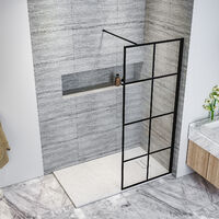 ELEGANT Black 700mm Walk in Shower Screen + 1200x800mm Anti-Slip Resin Shower Tray, 8mm Safety Tempered Glass Bathroom Open Entry Shower Screen