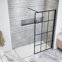 ELEGANT Black 900mm Walk in Shower Screen + 1200x900mm Anti-Slip Resin Shower Tray, 8mm Safety Tempered Glass Bathroom Open Entry Shower Screen