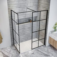 ELEGANT Black 760mm Walk in Shower Screen + 700mm Side Panel+ 1200x700mm Anti-Slip Resin Shower Tray,Open Entry Shower Screen