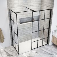 ELEGANT Black 900mm Walk in Shower Screen + 700mm Side Panel+ 1200x700mm Anti-Slip Resin Shower Tray,Open Entry Shower Screen