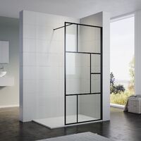 ELEGANT Black Grid Frame Walk in Shower Screen 700mm Easy Clean Safety Tempered Glass Bathroom Open Entry Shower Screen Reversible Shower Door with Antislip Shower Tray 1200 x 900 mm