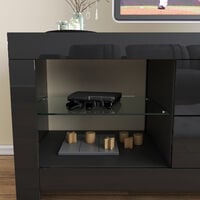 ELEGANT TV Stand 1300mm Black Corner TV Cabinet with RGB Lights. High Gloss TV Unit with 2 Glass Shelves and 2 Drawers Entertainment Unit Cupboard