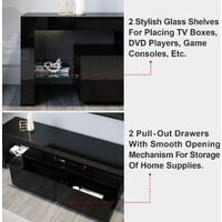 ELEGANT Black TV Stand Modern Gloss MFC TV Cabinet Unit with 2 Drawers and 2 Glass Shelf Living Room Storage Furniture 1600mm
