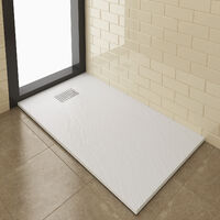 ELEGANT Shower Tray 1400x800mm White Slate Effect Square Shower Enclosure Base with Waste Trap and Stainless Steel Drain Cover B