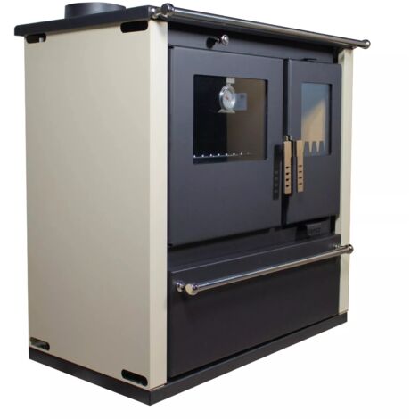 Estufa de leña con horno, salida de humos a la izquierda y paneles laterales pintados en marfil Verso CS Plus - 7.7 kW