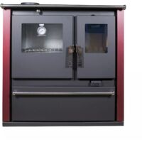 Estufa de leña con horno de inox, placa superior metálica, salida de humos a la izquierda y paneles laterales pintados en bordo Verso CS - 7.7 kW, Versátil y Eficiente