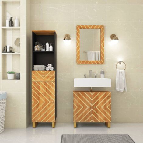 Set Mobili da Bagno 3pz Marrone e Nero Legno Massello di Mango