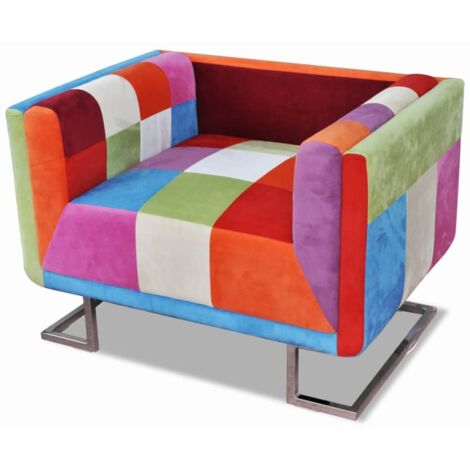 Poltrona a Cubo con Gambe Cromo e Design Patchwork in Tessuto