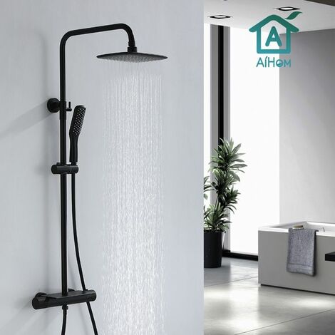Columna de ducha termostática Juego de ducha negro con estante pequeño Cojunto de ducha con mezclador termostático de 38 ℃ Altura ajustable