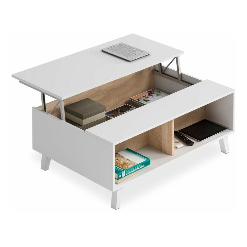 Mesa de centro elevable Zaiken Plus Blanco - Roble Canadian 100cm (ancho) x 38–50cm (alto)