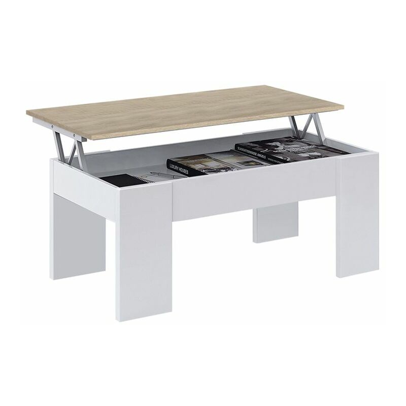 Mesa de centro elevable Low Cost Blanco Artik (Blanco Mate) - Roble Canadian 100cm (ancho) x 45–56cm (alto)