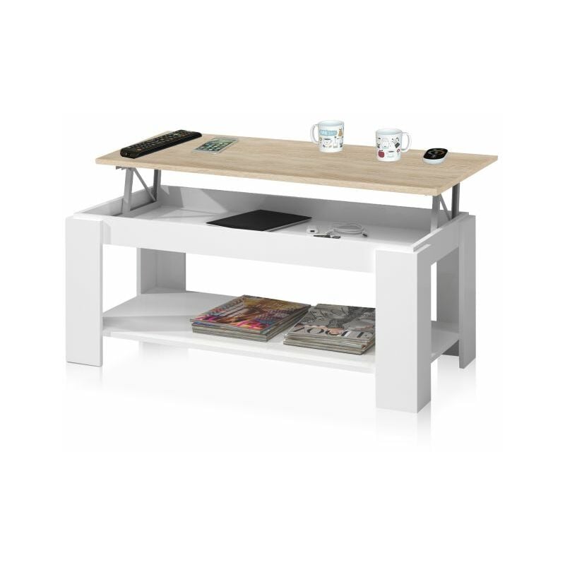 Mesa de centro elevable Ambit Blanco Artik (Blanco Mate) - Roble Canadian 100cm (ancho) x 43–54cm (alto)