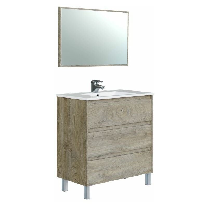 Arkitmobel Mueble De baño con 3 cajones y espejo modulo lavabo modelo dakota acabado en roble alaska medidas 80 mueble80cmespejo80cm ancho mueble86cmespejo575cm