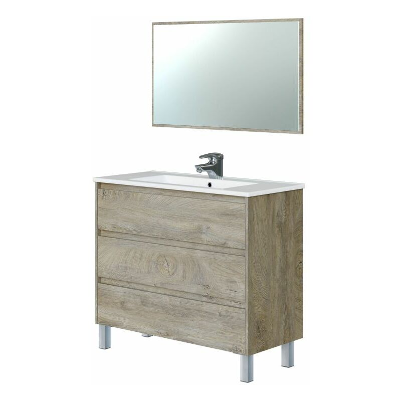 Arkitmobel Mueble De baño con 3 cajones y espejo modulo lavabo modelo dakota acabado en roble alaska medidas 100 mueble100cmespejo100cm ancho mueble86cmespejo575cm