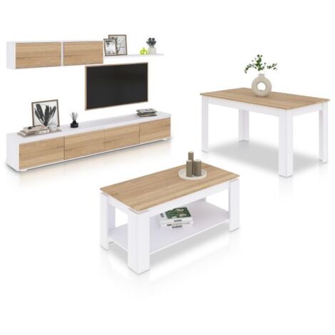 Pack salón con mesa de centro y mesa de comedor Arlet Max Blanco Artik (Blanco Mate) - Roble Canadian (ancho) x 43cm (alto)