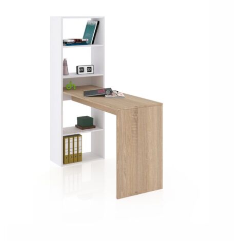 Mesa de escritorio con estantería Cosmic Blanco Artik (Blanco Mate) - Roble Canadian (ancho) x 71cm (alto)