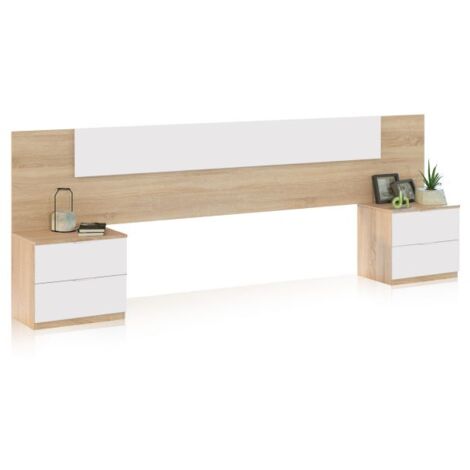 Cabecero con mesitas Akari Blanco Artik (Blanco Mate) - Roble Canadian 247cm (ancho) x 50,5cm (alto)