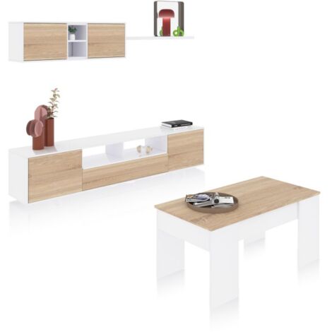 Pack salón con mesa de centro Kenzo Plus V2 Blanco Brillo - Roble Canadian (ancho) x 46cm (alto)