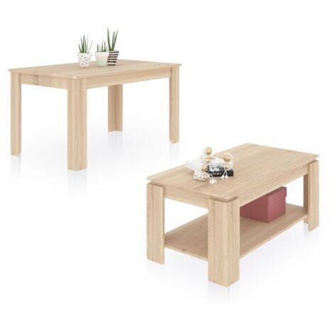 Pack mesa de comedor 140 y mesa de centro Lya Roble Canadian 90cm (ancho) x 78cm (alto) (1/5)