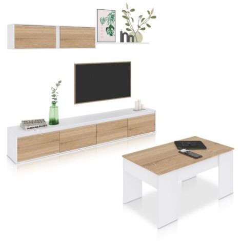 Pack salón con mesa de centro Arlet Plus V2 Blanco Artik (Blanco Mate) - Roble Canadian (ancho) x 43cm (alto)