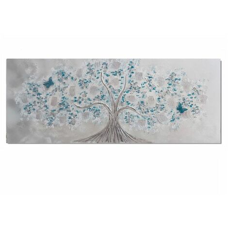 Cuadro artesanal Árbol Mariposa Plata - Turquesa 150cm (ancho) x 60cm (alto)