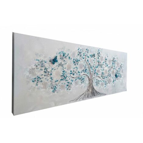 Cuadro artesanal Árbol Mariposa Plata - Turquesa 150cm (ancho) x 60cm (alto)