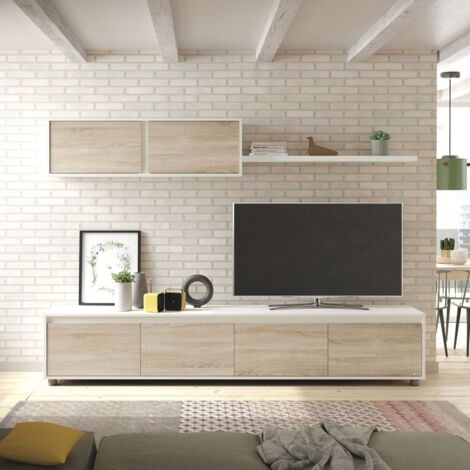 Salón Alida Blanco Artik (Blanco Mate) - Roble Canadian 200cm (ancho) x 43cm (alto)