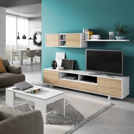 Salón Belus Blanco Brillo - Roble Canadian 200cm/104,8cm+95,2cm (ancho) x 46cm/34,7cm (alto)