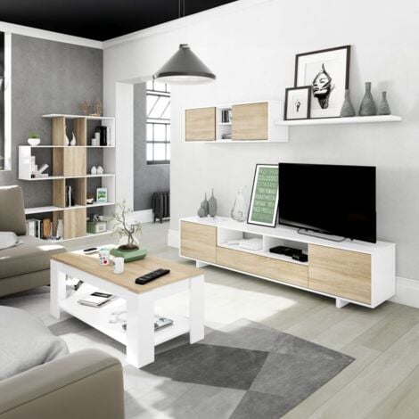 Salón Belus Blanco Brillo - Roble Canadian 200cm/104,8cm+95,2cm (ancho) x 46cm/34,7cm (alto)
