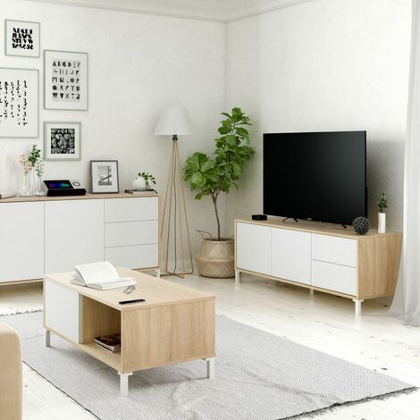 Mueble TV Brooklyn Blanco Artik (Blanco Mate) - Roble Canadian 130cm (ancho) x 47cm (alto)