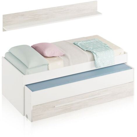 Cama doble juvenil con estante Elliot Blanco Artik (Blanco Mate) – Blanco Velho 199cm(cama)/180cm(estante) (ancho) x 65cm(cama)/22,5cm(estante) (alto)