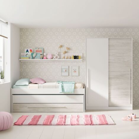 Cama doble juvenil con estante Elliot Blanco Artik (Blanco Mate) – Blanco Velho 199cm(cama)/180cm(estante) (ancho) x 65cm(cama)/22,5cm(estante) (alto)