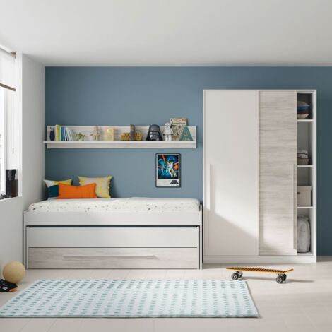 Cama doble juvenil con estante Elliot Blanco Artik (Blanco Mate) – Blanco Velho 199cm(cama)/180cm(estante) (ancho) x 65cm(cama)/22,5cm(estante) (alto)
