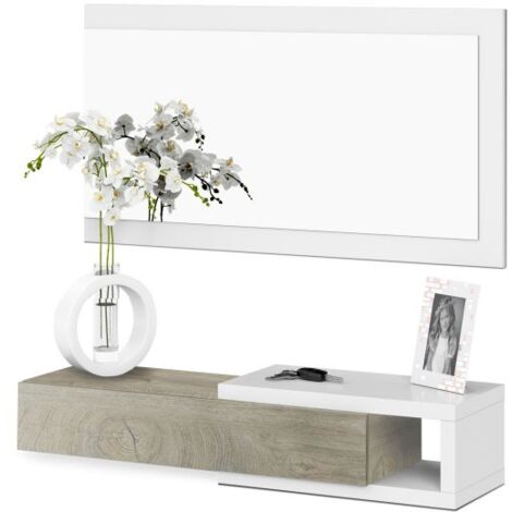 Mueble de recibidor con espejo Noon Blanco Artik (Blanco Mate) – Roble Alaska 95cm(mesitayespejo) (ancho) x 19cm(mesita)/50cm(espejo) (alto)