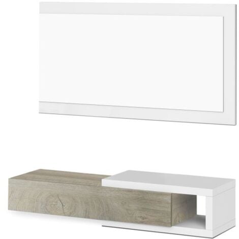 Mueble De Entrada Con Espejo Y Cajón - 95x19x26 Cm, Blanco Y Gris, Modelo Derek